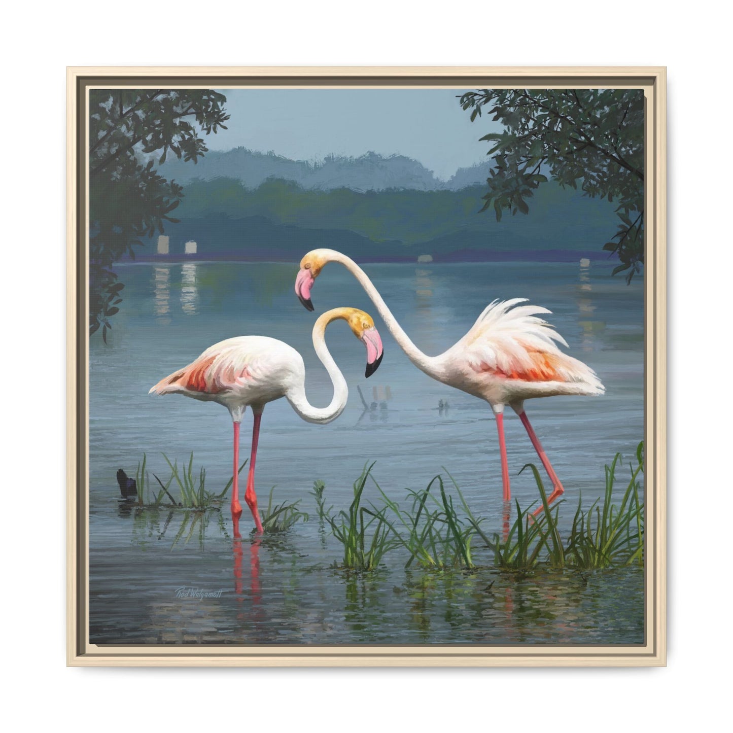 Framed Flamingo Canvas Art – Flamingo Dance by Rod Walgamott