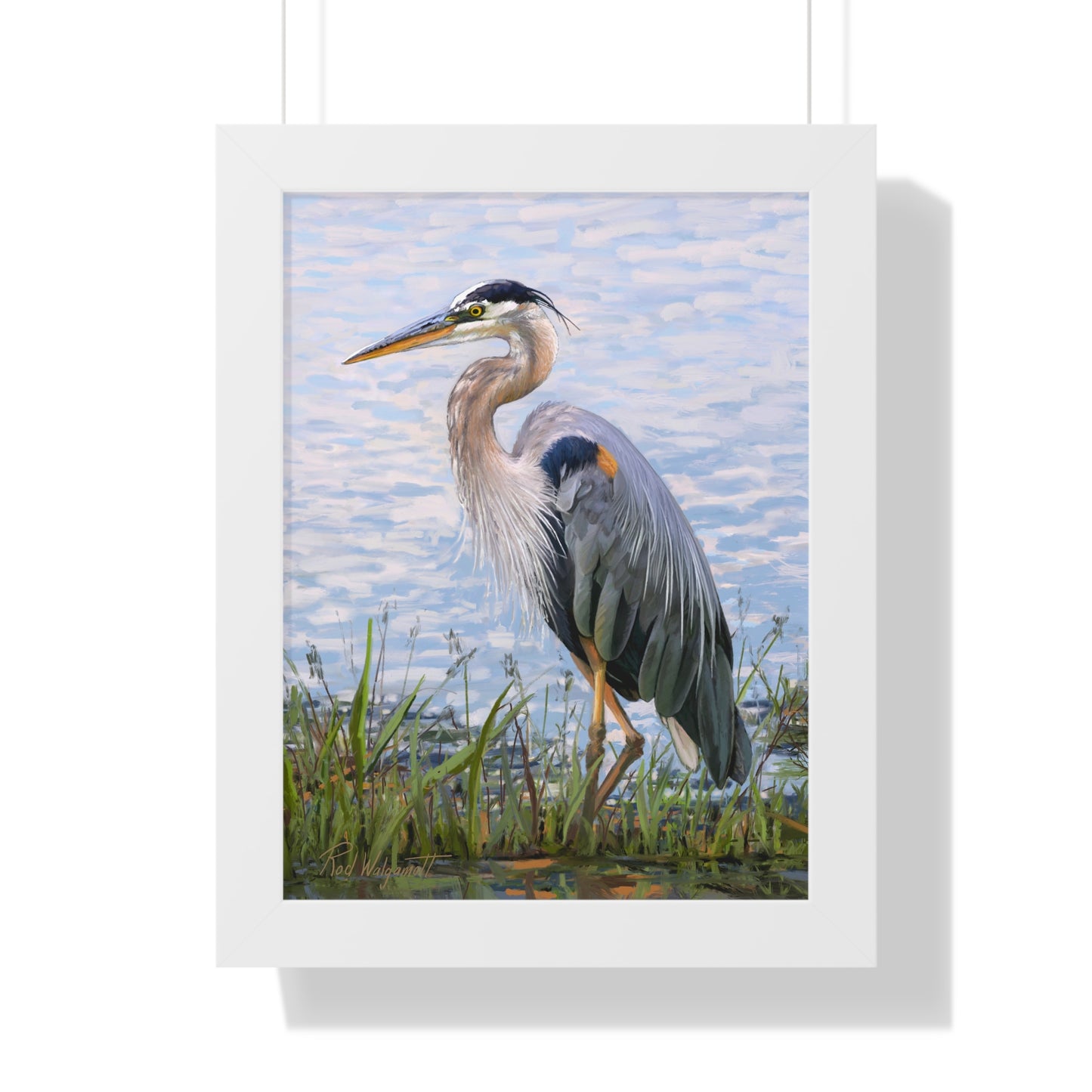 Framed Matte Print, Blue Heron at Stansbury Lake, by Rod Walgamott