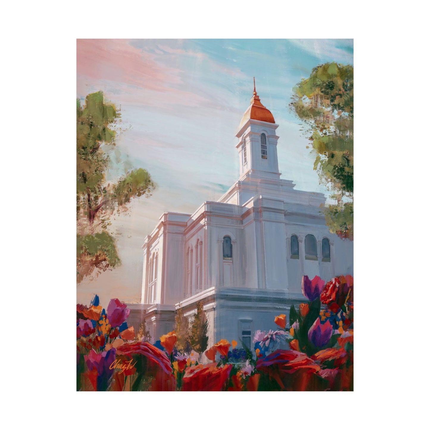 Premium Matte Paper Print, Deseret Peak Temple--Spring Flowers, by Chaz Walgamott