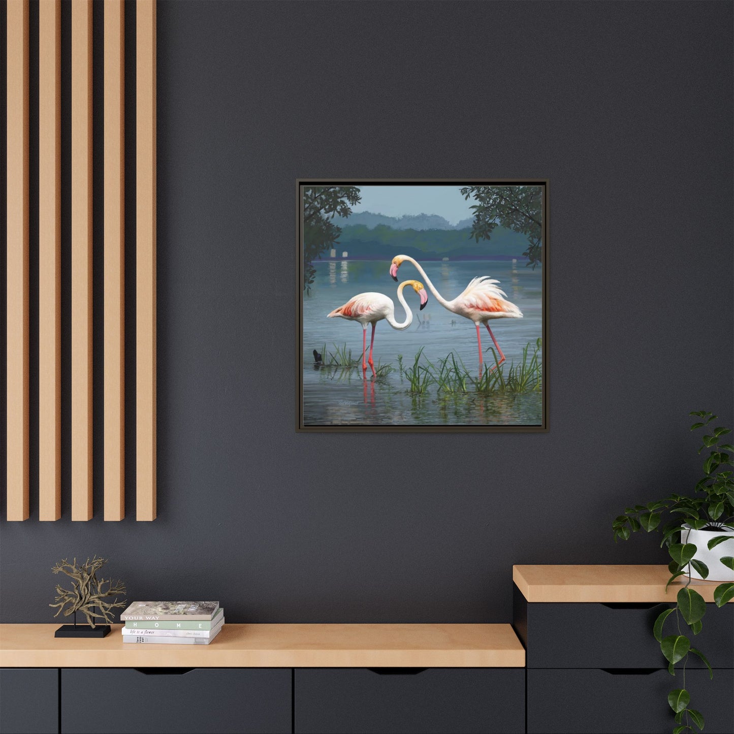 Framed Flamingo Canvas Art – Flamingo Dance by Rod Walgamott