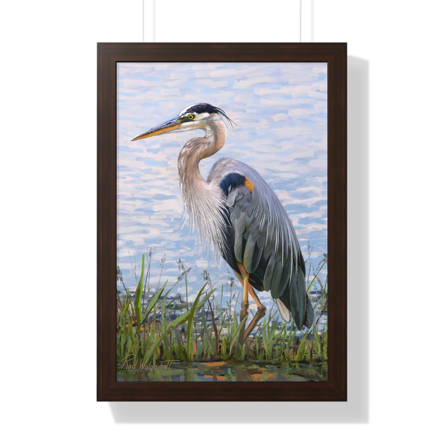 Framed Matte Print, Blue Heron at Stansbury Lake, by Rod Walgamott