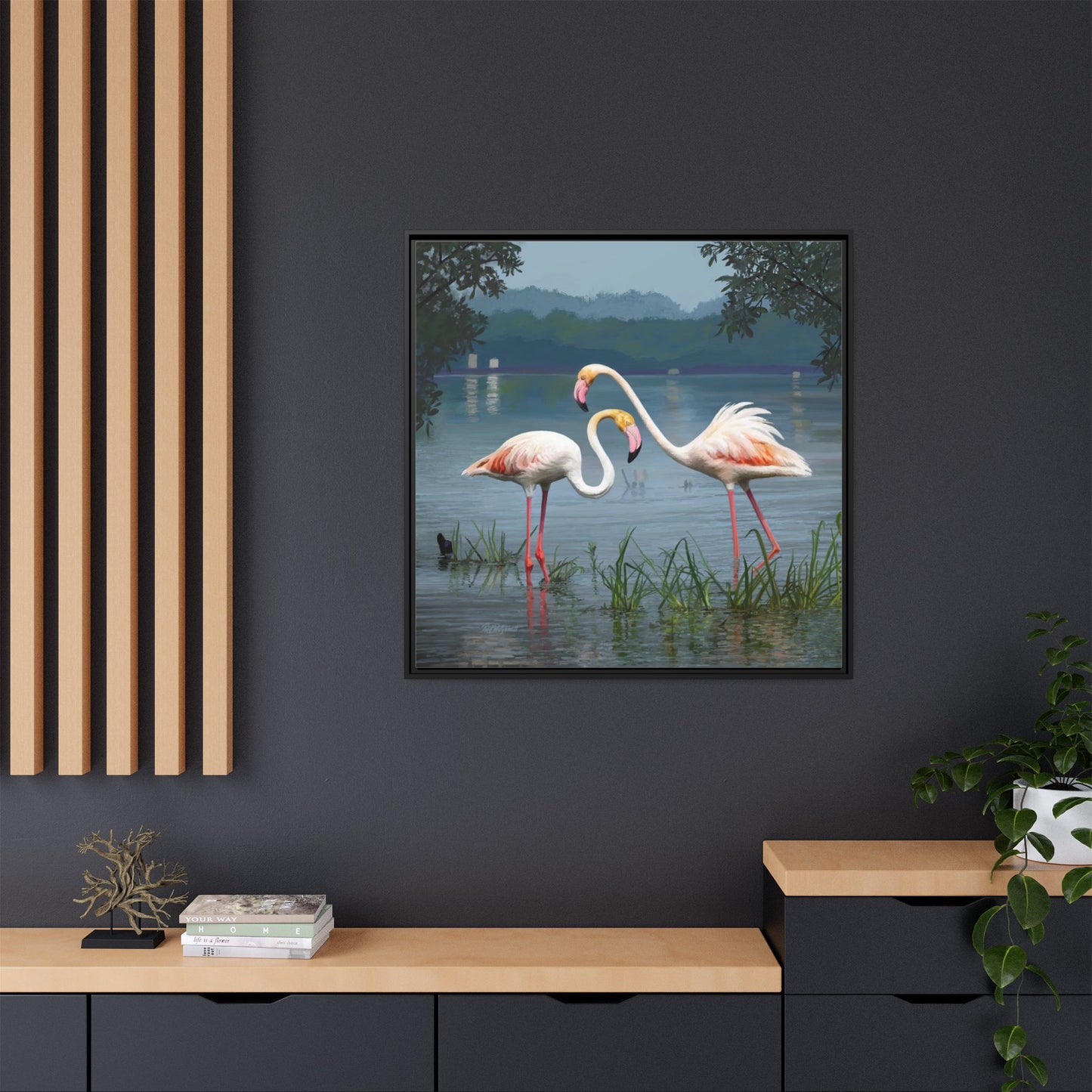 Framed Flamingo Canvas Art – Flamingo Dance by Rod Walgamott
