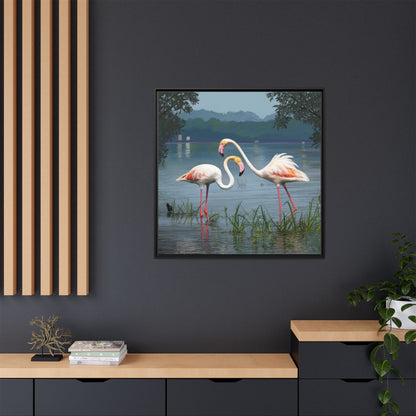 Framed Flamingo Canvas Art – Flamingo Dance by Rod Walgamott