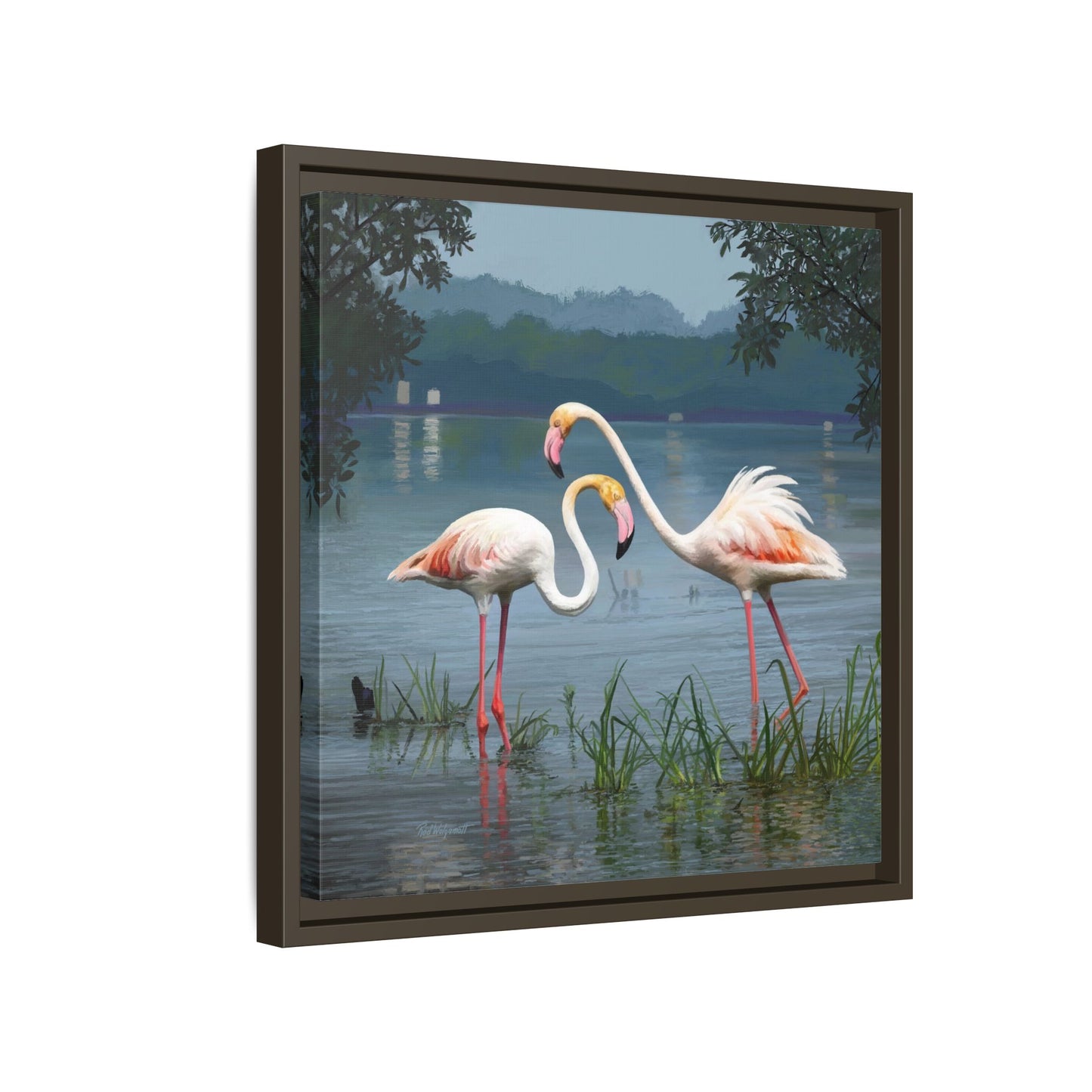 Framed Flamingo Canvas Art – Flamingo Dance by Rod Walgamott
