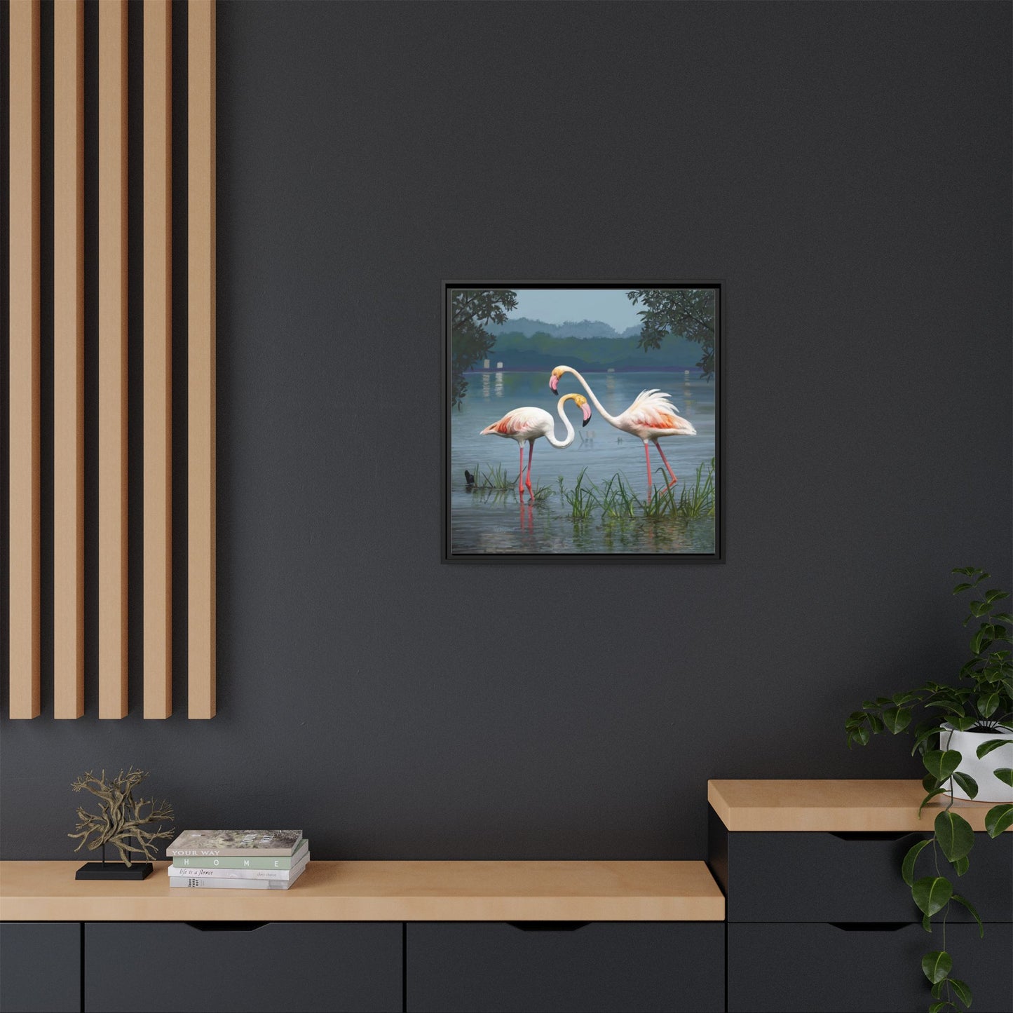 Framed Flamingo Canvas Art – Flamingo Dance by Rod Walgamott