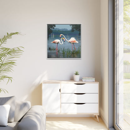 Framed Flamingo Canvas Art – Flamingo Dance by Rod Walgamott
