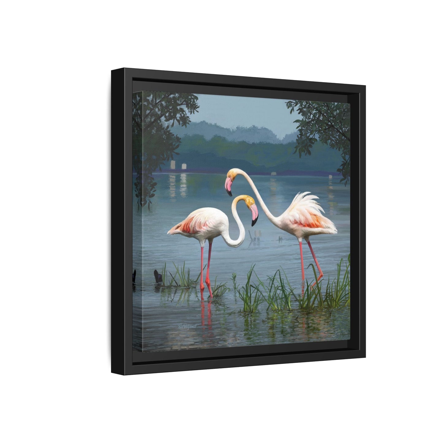 Framed Flamingo Canvas Art – Flamingo Dance by Rod Walgamott