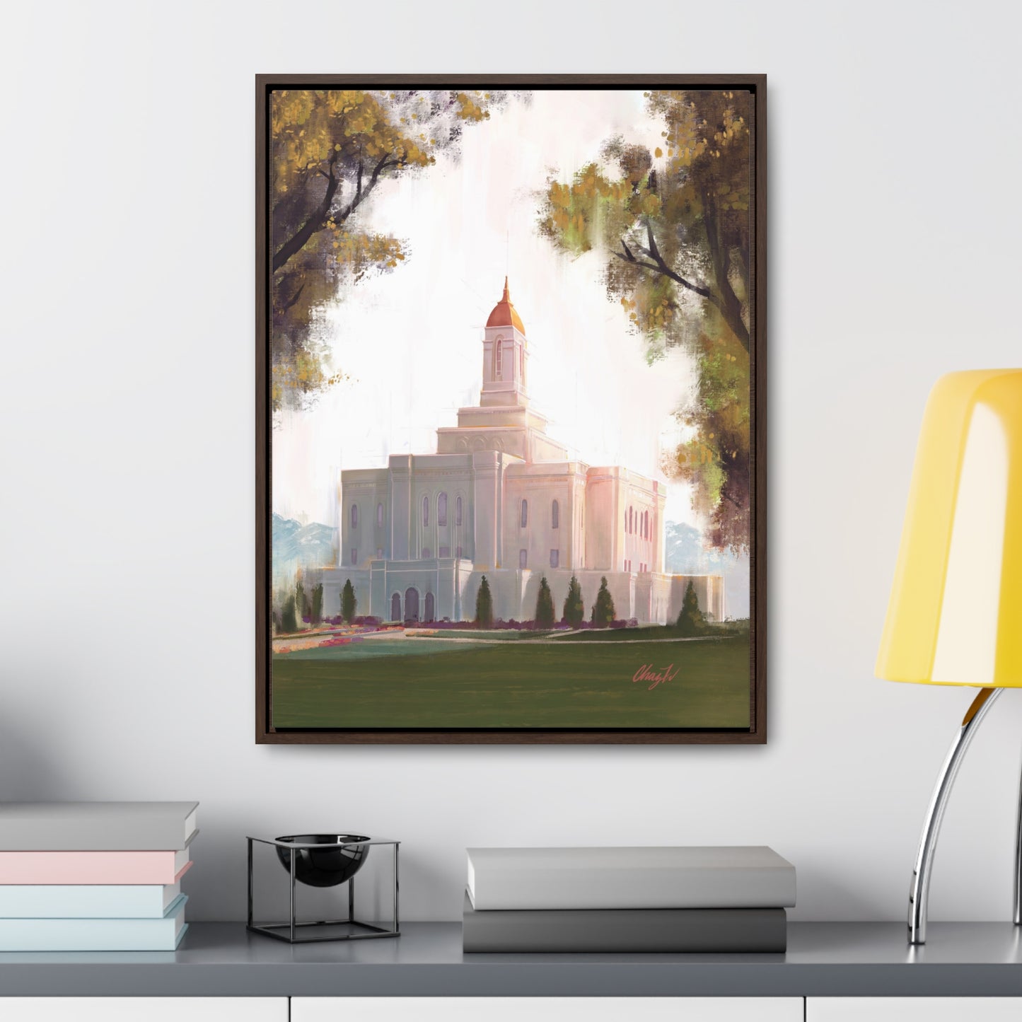 Framed canvas Wrap, Deseret Peak Temple, Golden D by Chaz Walgamott