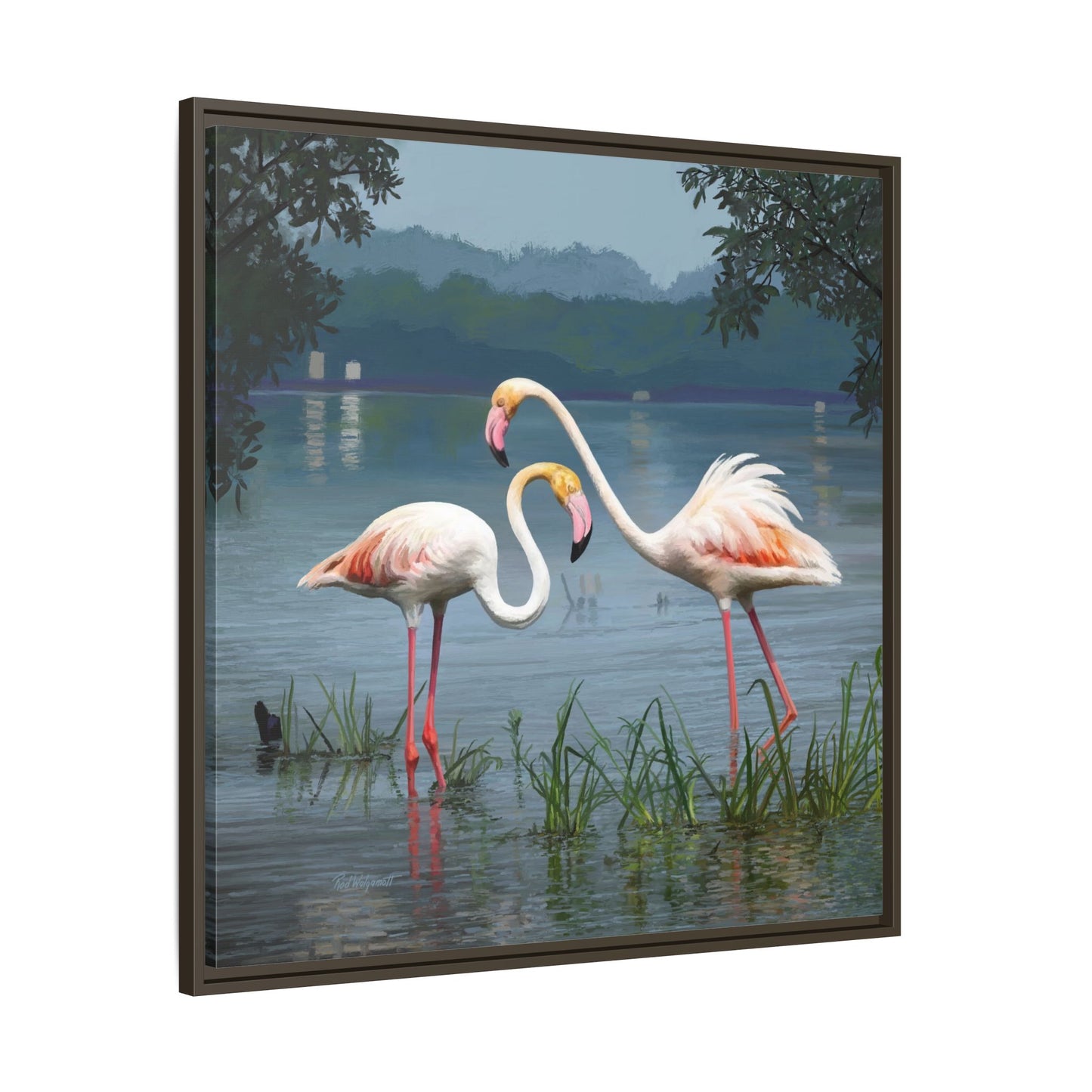 Framed Flamingo Canvas Art – Flamingo Dance by Rod Walgamott