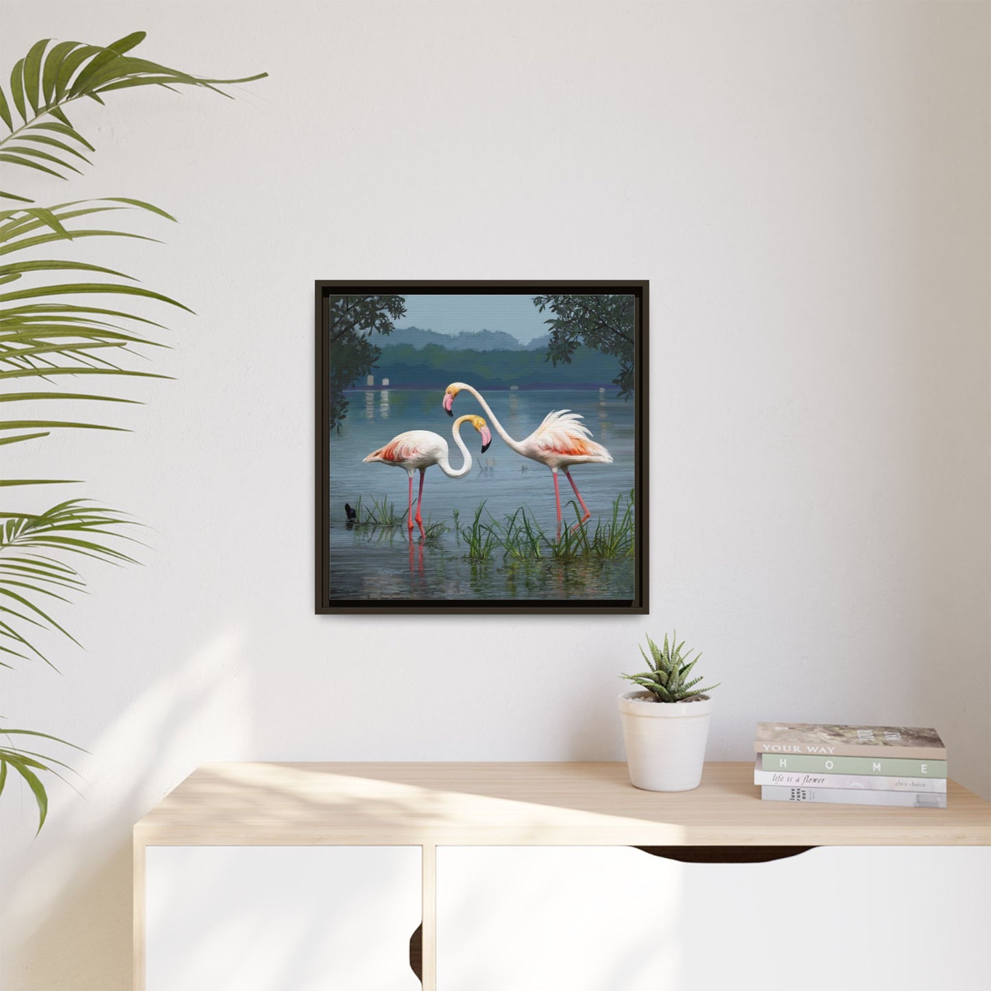 Framed Flamingo Canvas Art – Flamingo Dance by Rod Walgamott