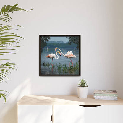Framed Flamingo Canvas Art – Flamingo Dance by Rod Walgamott