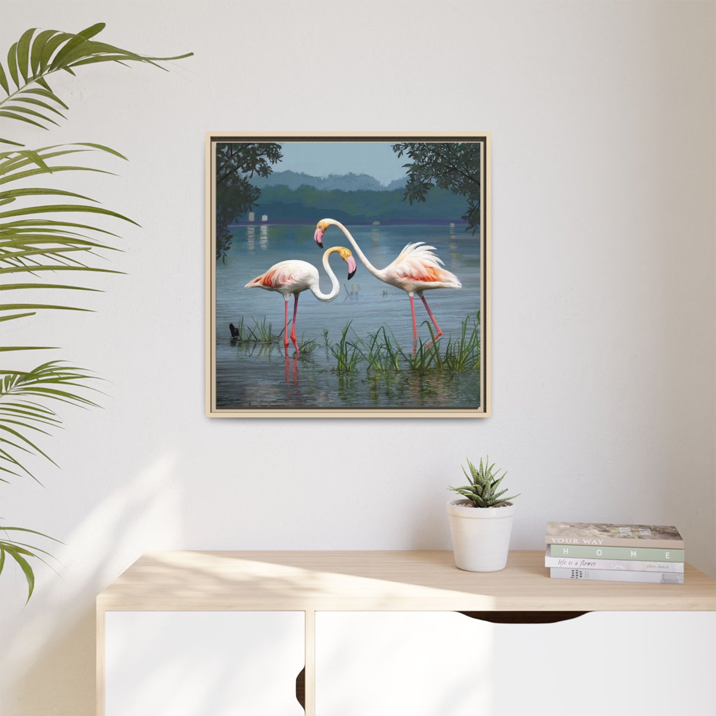 Framed Flamingo Canvas Art – Flamingo Dance by Rod Walgamott