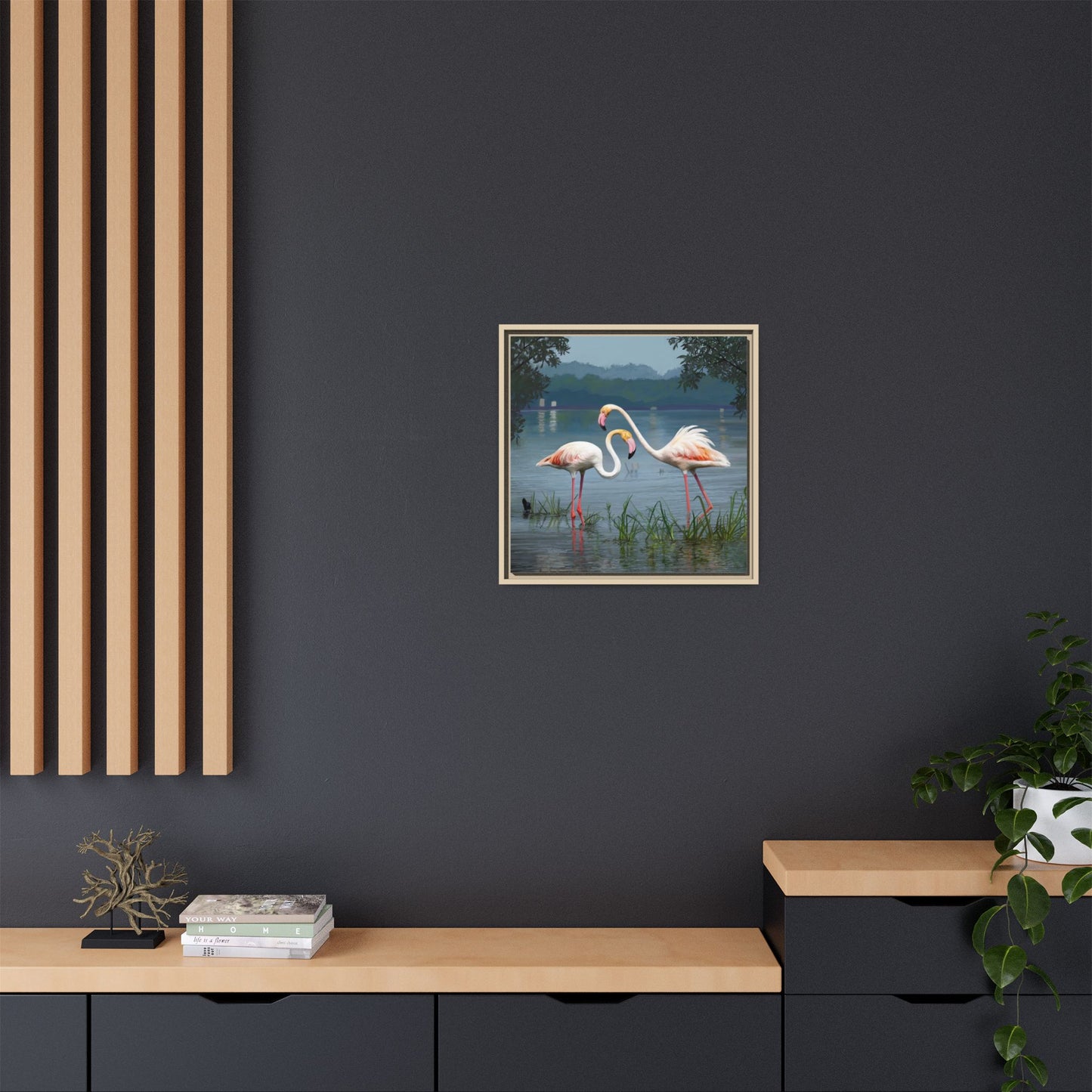 Framed Flamingo Canvas Art – Flamingo Dance by Rod Walgamott
