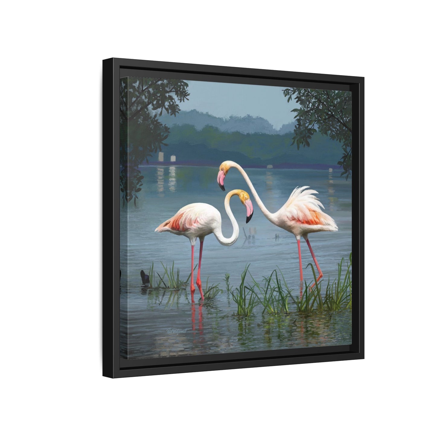 Framed Flamingo Canvas Art – Flamingo Dance by Rod Walgamott