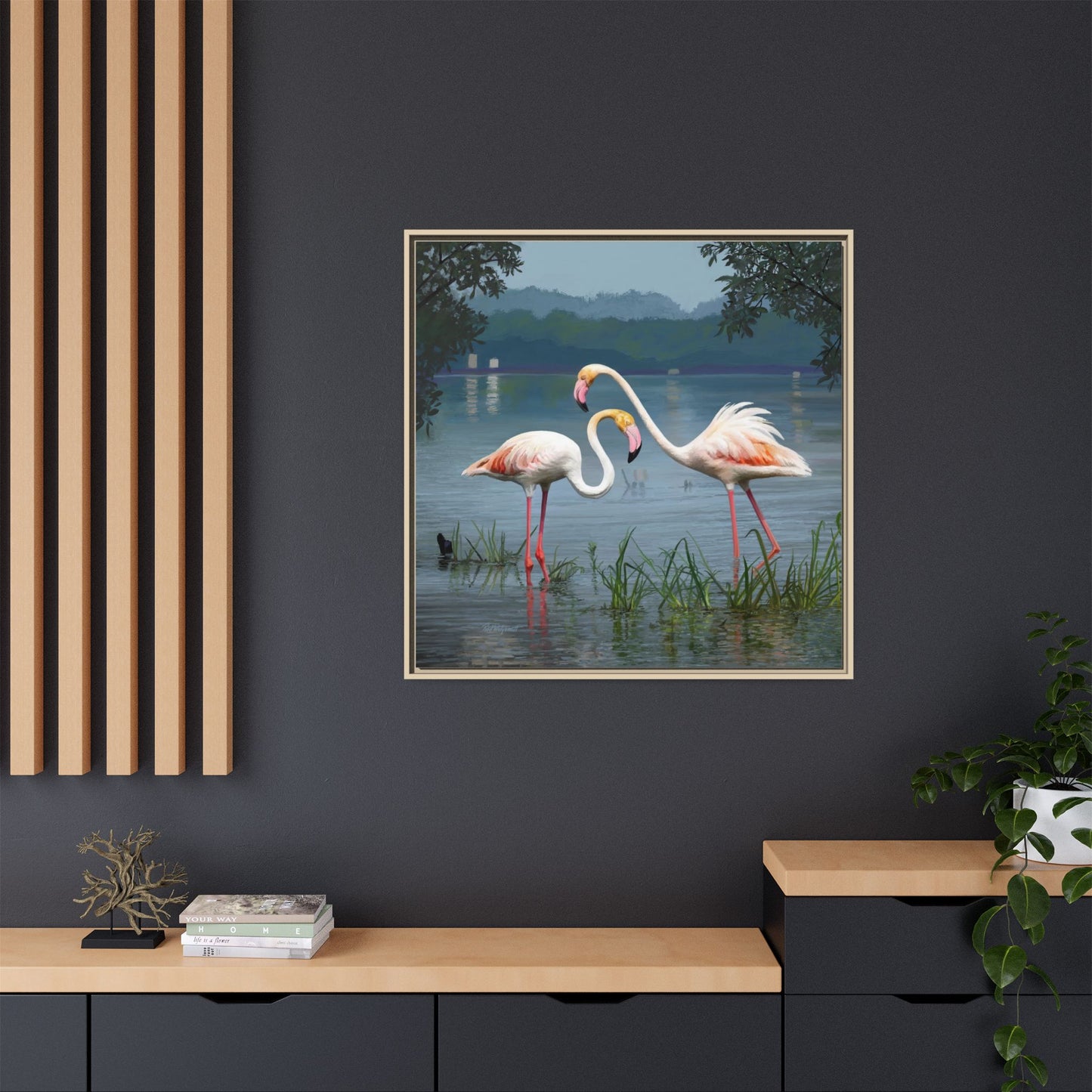 Framed Flamingo Canvas Art – Flamingo Dance by Rod Walgamott