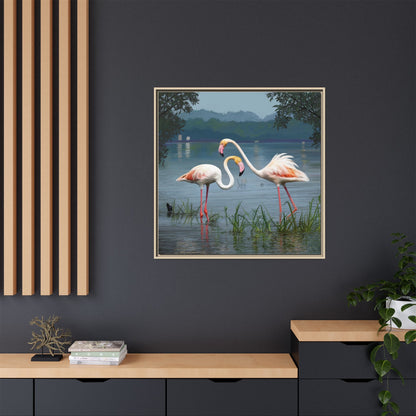 Framed Flamingo Canvas Art – Flamingo Dance by Rod Walgamott