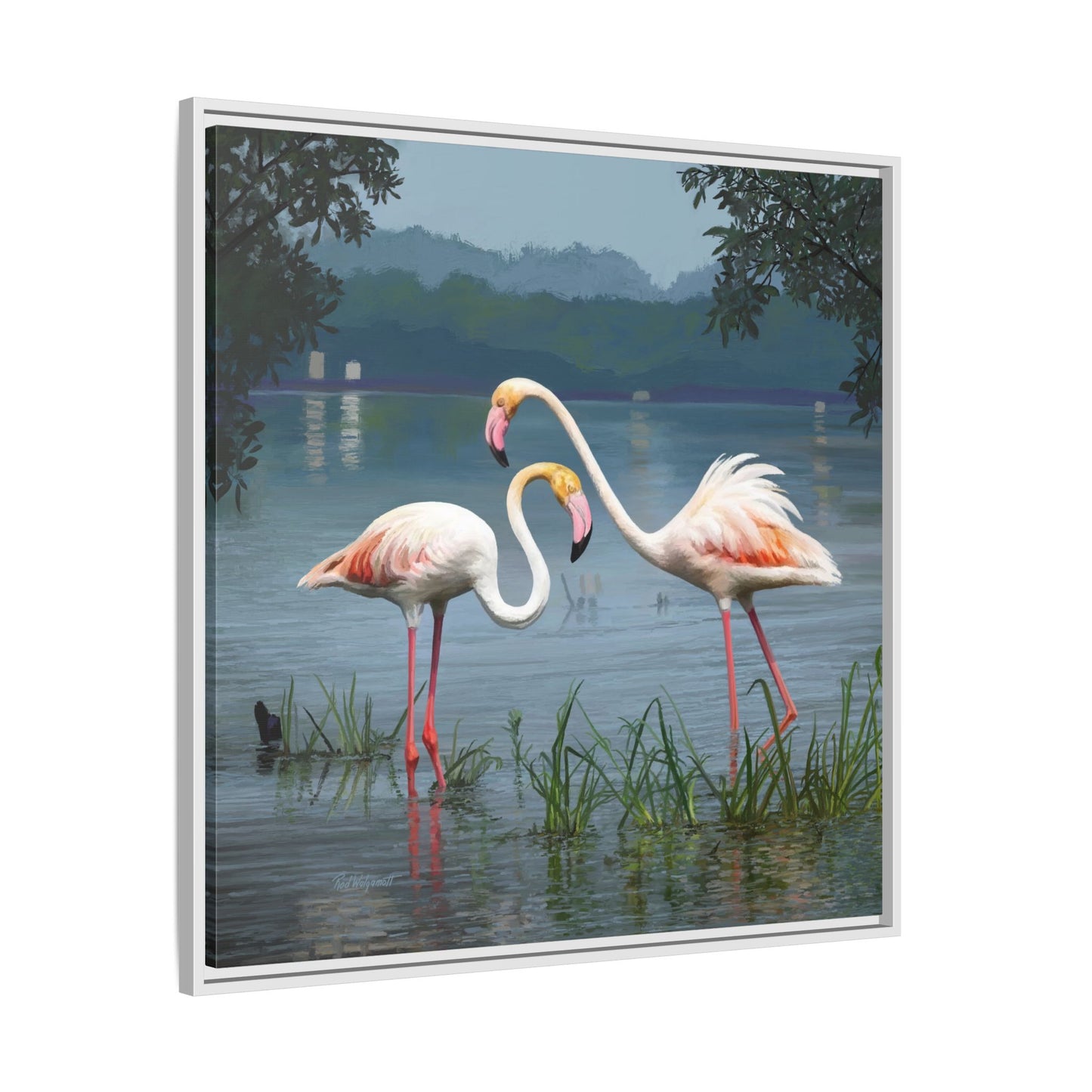 Framed Flamingo Canvas Art – Flamingo Dance by Rod Walgamott