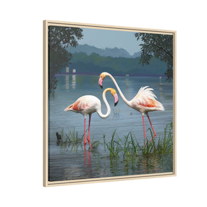 Framed Flamingo Canvas Art – Flamingo Dance by Rod Walgamott