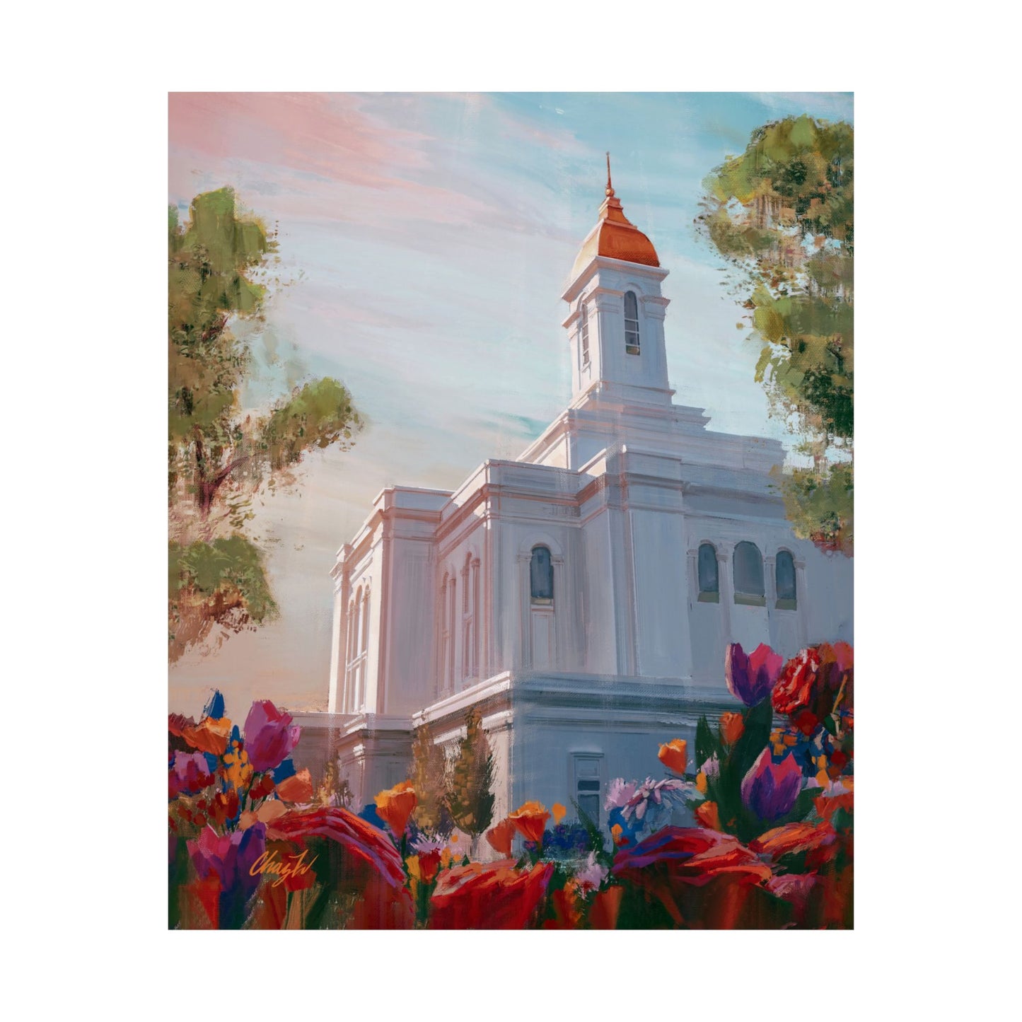 Premium Matte Paper Print, Deseret Peak Temple--Spring Flowers, by Chaz Walgamott