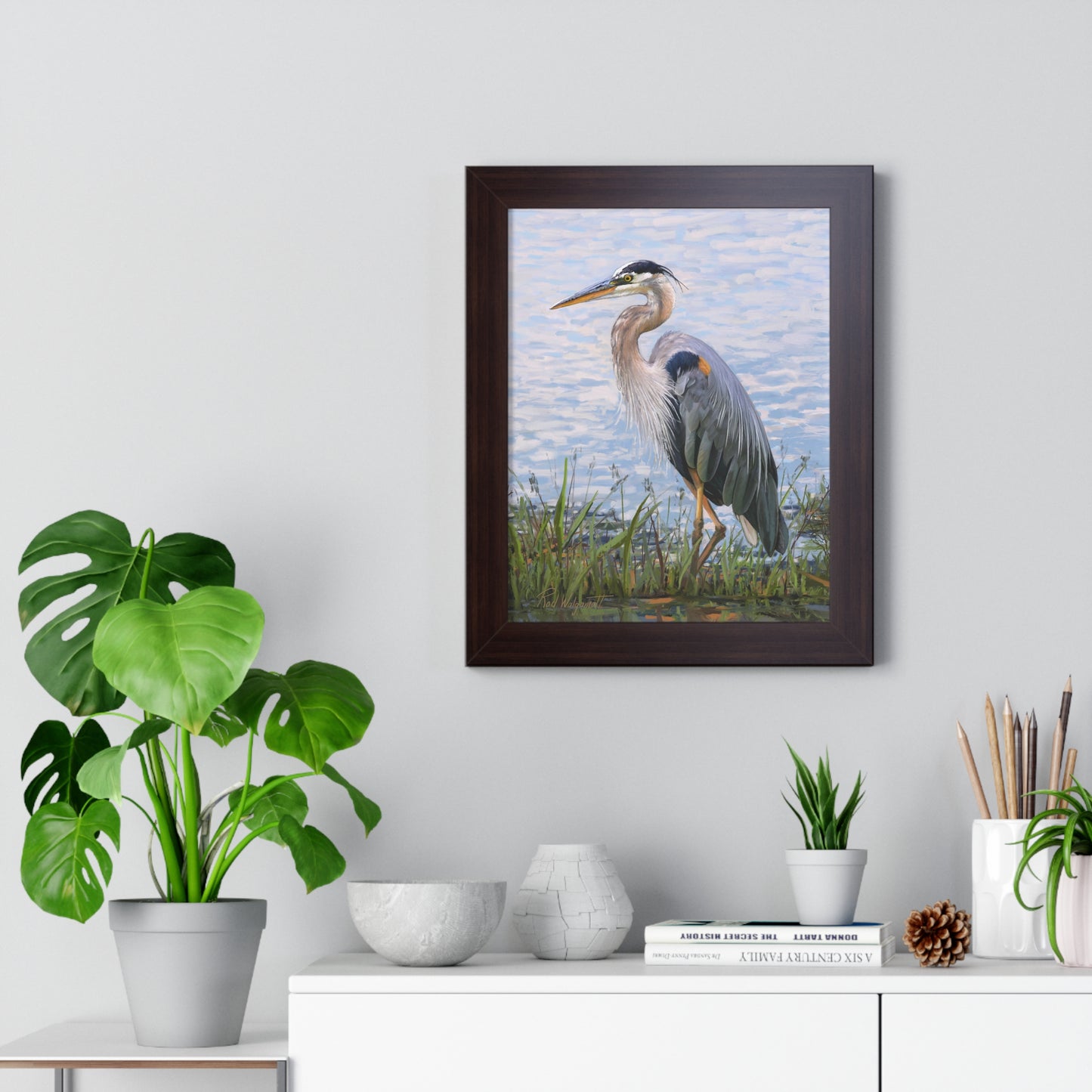 Framed Matte Print, Blue Heron at Stansbury Lake, by Rod Walgamott