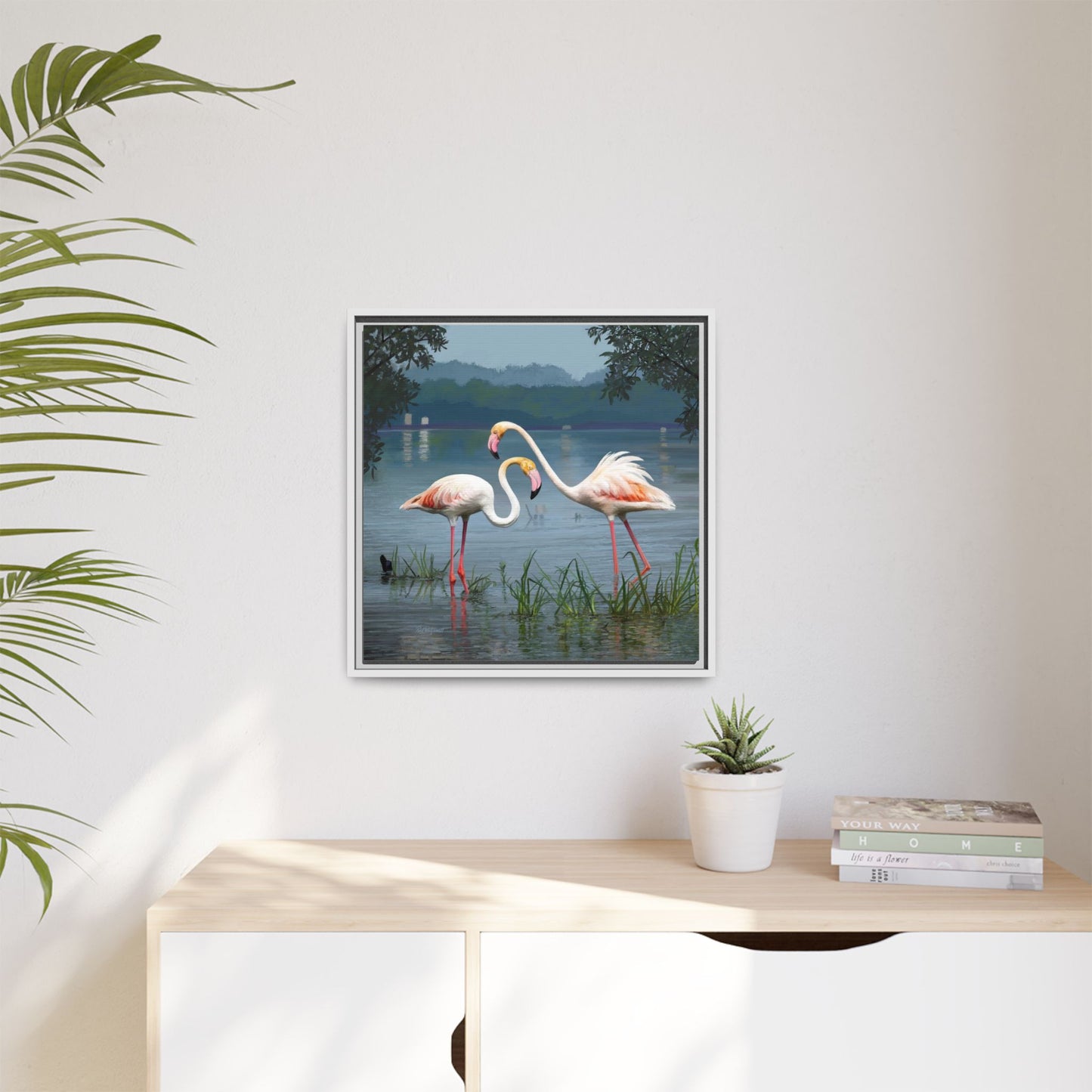Framed Flamingo Canvas Art – Flamingo Dance by Rod Walgamott