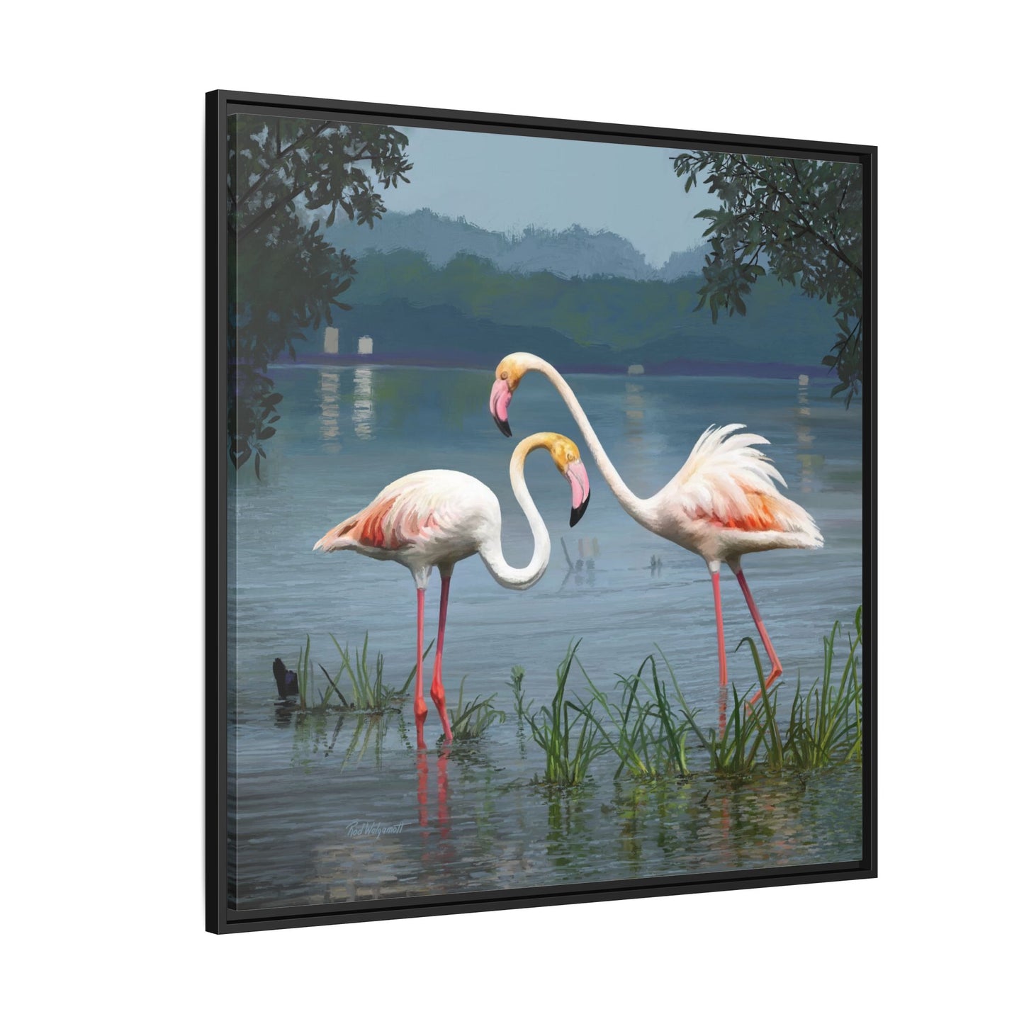 Framed Flamingo Canvas Art – Flamingo Dance by Rod Walgamott