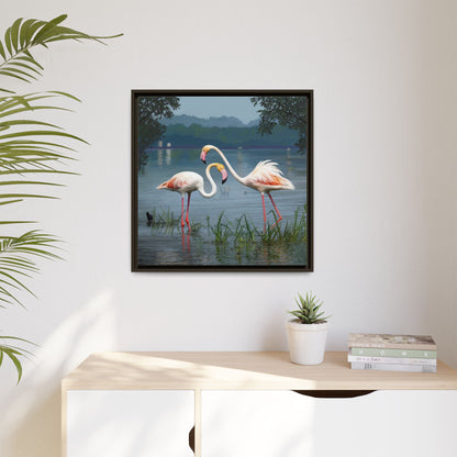 Framed Flamingo Canvas Art – Flamingo Dance by Rod Walgamott