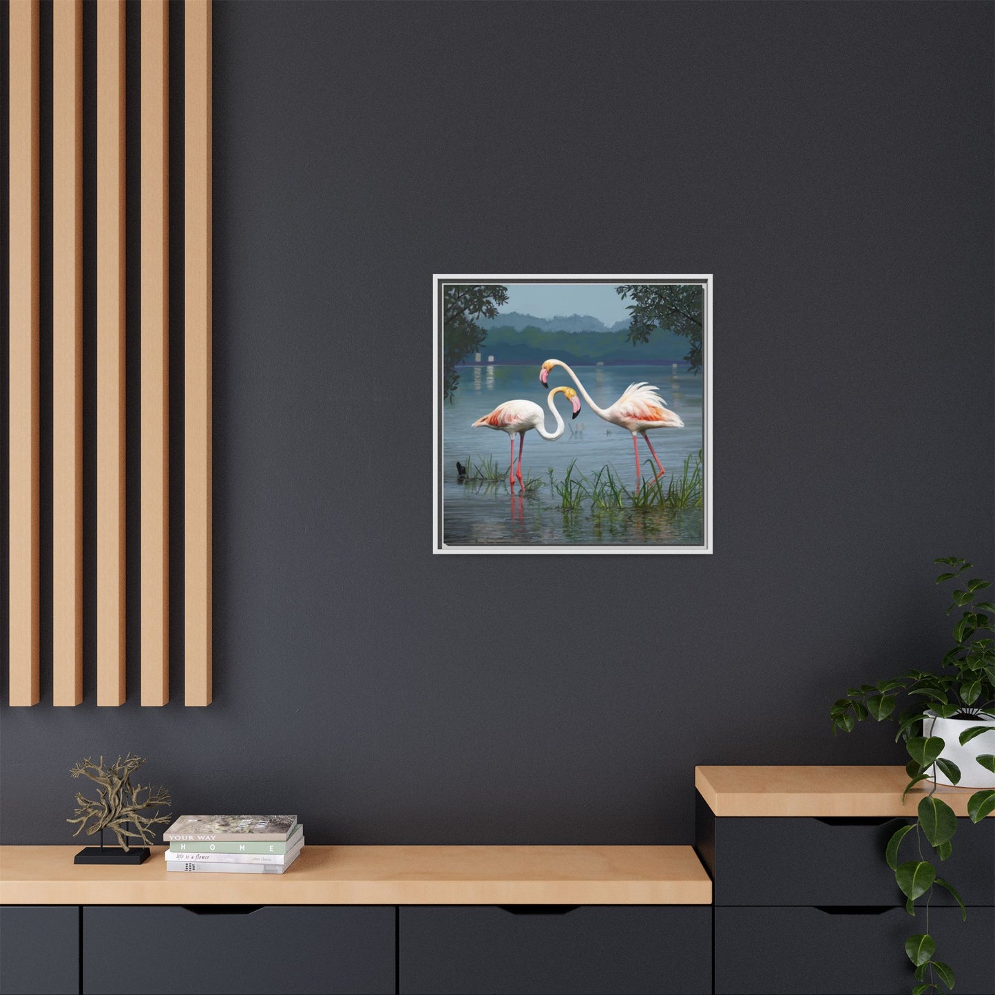 Framed Flamingo Canvas Art – Flamingo Dance by Rod Walgamott