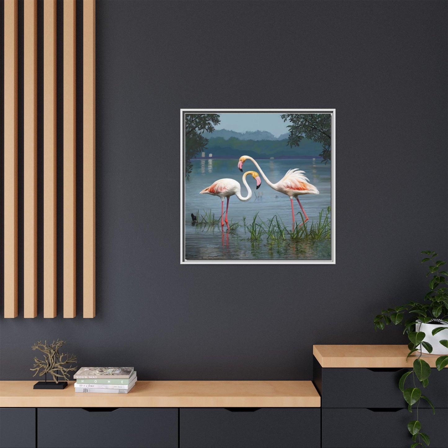 Framed Flamingo Canvas Art – Flamingo Dance by Rod Walgamott