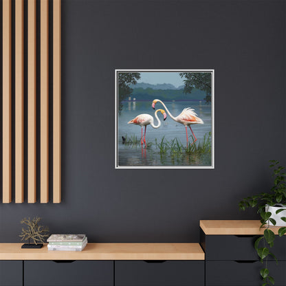 Framed Flamingo Canvas Art – Flamingo Dance by Rod Walgamott