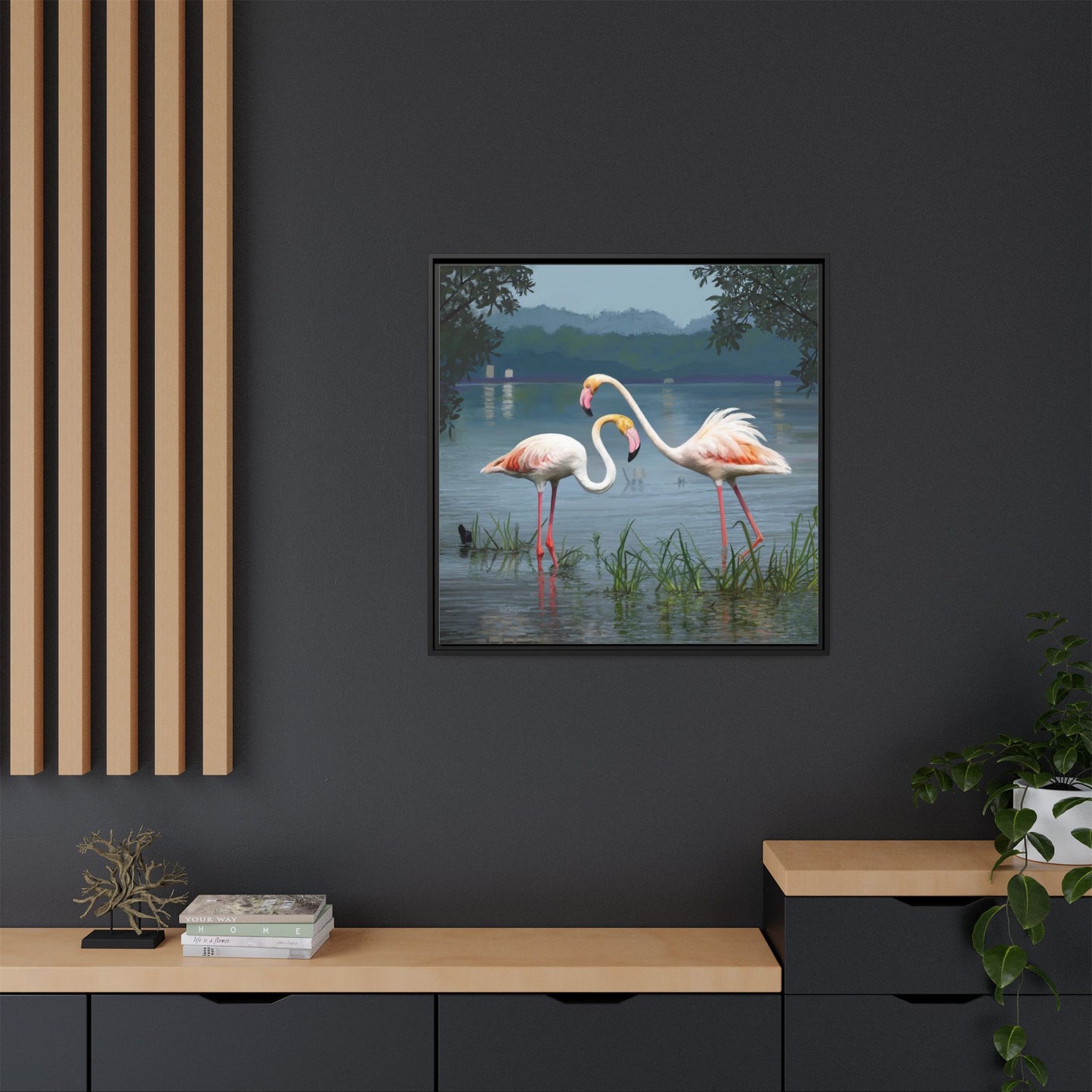 Framed Flamingo Canvas Art – Flamingo Dance by Rod Walgamott