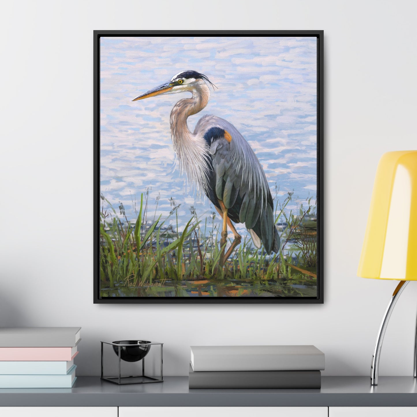 Framed canvas Wrap, Blue Heron at Stansbury Lake, by Rod Walgamott