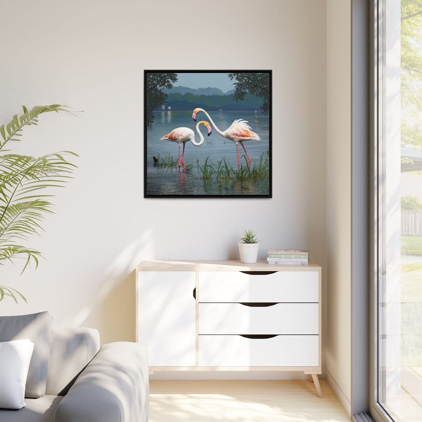 Framed Flamingo Canvas Art – Flamingo Dance by Rod Walgamott