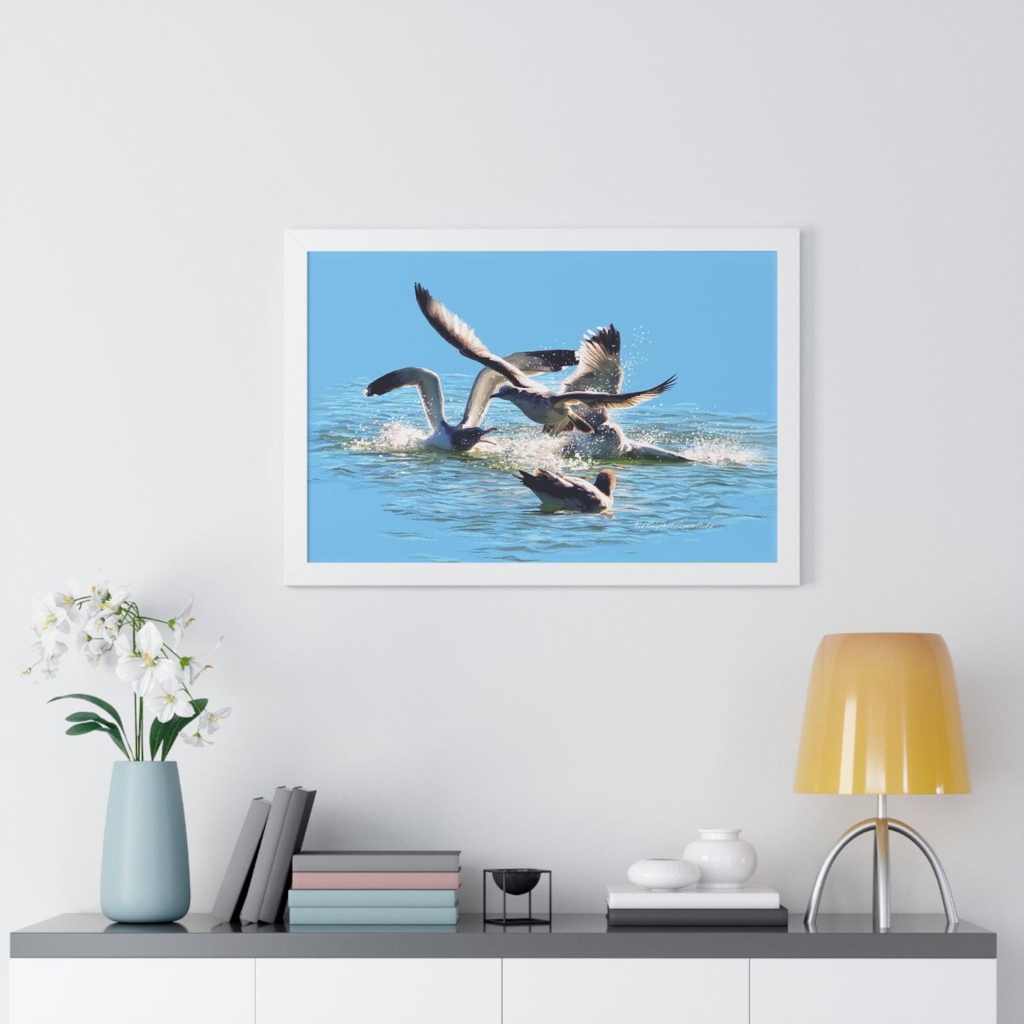 Framed Matte Print, Gull Fight on Stansbury Lake, by Rod Walgamott