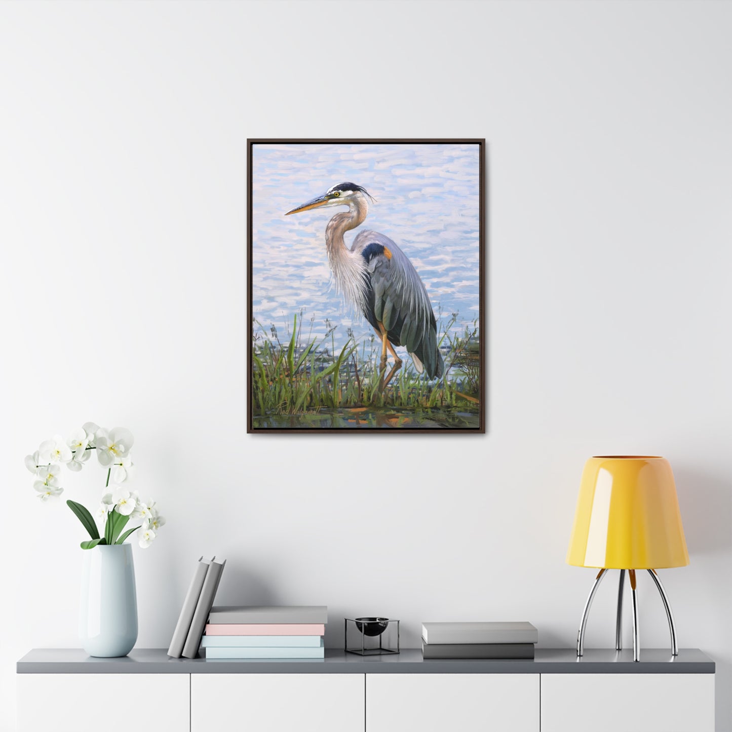 Framed canvas Wrap, Blue Heron at Stansbury Lake, by Rod Walgamott